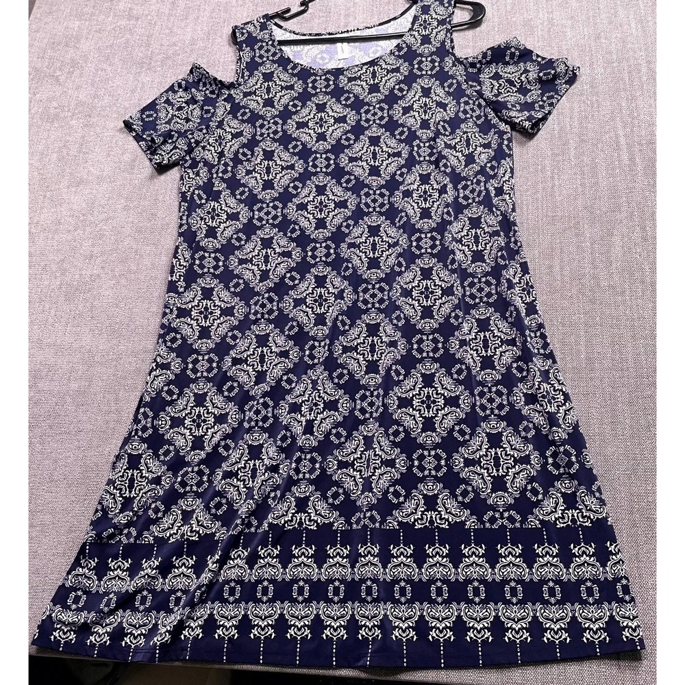 Tacera Cold Shoulder Shift Dress Women L Multicolor Medallion Stretch Scoop Neck
